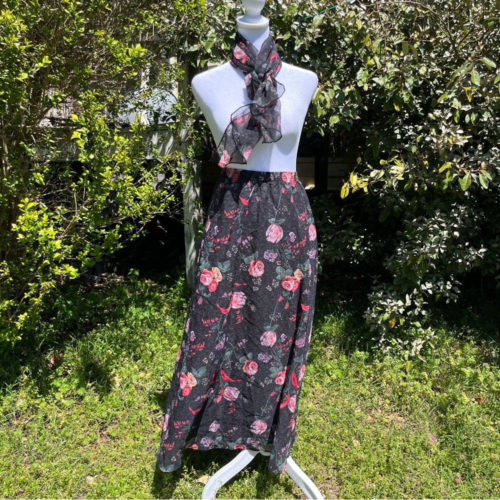 Vintage Floral Maxi Skirt & Matching Sheer Lightweight Scarf Set Liz Baker Sz XL